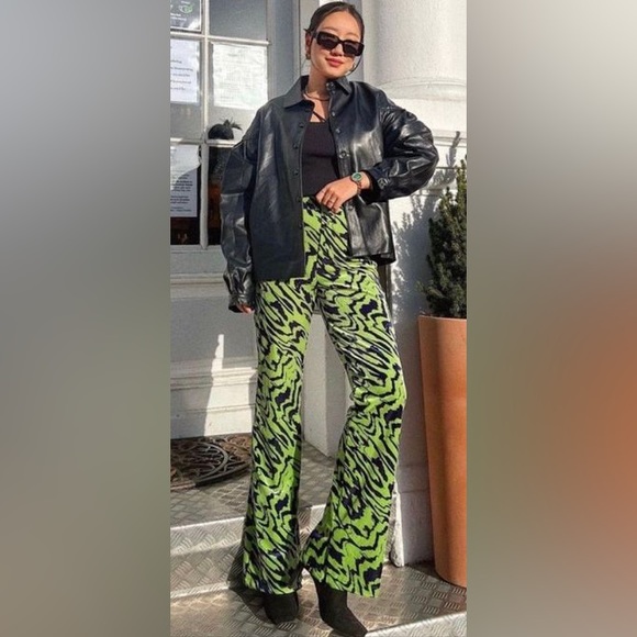 Zara Blue Green Retro Velvet Pull on Wide Leg Pants 💚